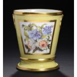 A FINE COALPORT YELLOW GROUND JARDINIERE AND STAND, PROBABLY LONDON DECORATED, C1805-10 painted with