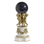 A FRENCH WHITE MARBLE, ORMOLU AND BLUE PAINTED BRASS GLOBE CLOCK, C1900  the movement with