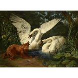 FERDINAND SIGMUND LACHENWITZ (1820-1868) TWO SWANS STARTLED BY A HOUND signed and dated 1846, oil on