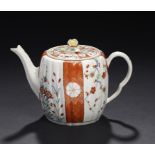 A WORCESTER REEDED BARREL SHAPED SCARLET JAPAN PATTERN TEAPOT AND COVER, C1770-80 11.5cm h ++Some