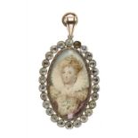 A PASTE SET LOCKET CONTAINING A MINIATURE, 19TH C  mounted in silver, 5cm h excluding loop ++Lacking