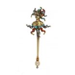 A FRENCH DIAMOND, CULTURED PEARL AND GOLD AND TRANSLUCENT ENAMEL JESTER BROOCH, C1900 indistinct