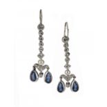 A PAIR OF ART DECO DIAMOND, PEAR SHAPED SAPPHIRE AND CULTURED PEARL EARRINGS  mounted in white