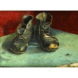 †TREVOR OWEN MAKINSON (B 1906) SAM'S BOOTS signed and dated Dec 1943, oil on panel, 28 x 38cm