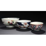 THREE WORCESTER BOWLS, C1770-75  in the Queen Charlotte, Imari and Fine Old Japan Sprig patterns,