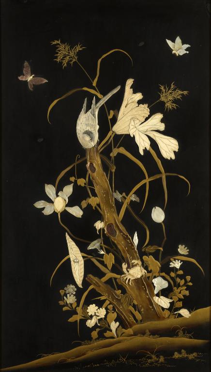 A JAPANESE CARVED BONE AND MOTHER OF PEARL INLAID LACQUER PANEL, MEIJI   with flowering plants, a