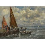 †ILIO GIANNACCINI (1897-1968) FIGURES ON A JETTY; A SUNLIT QUAYSIDE  a pair, both signed, oil on