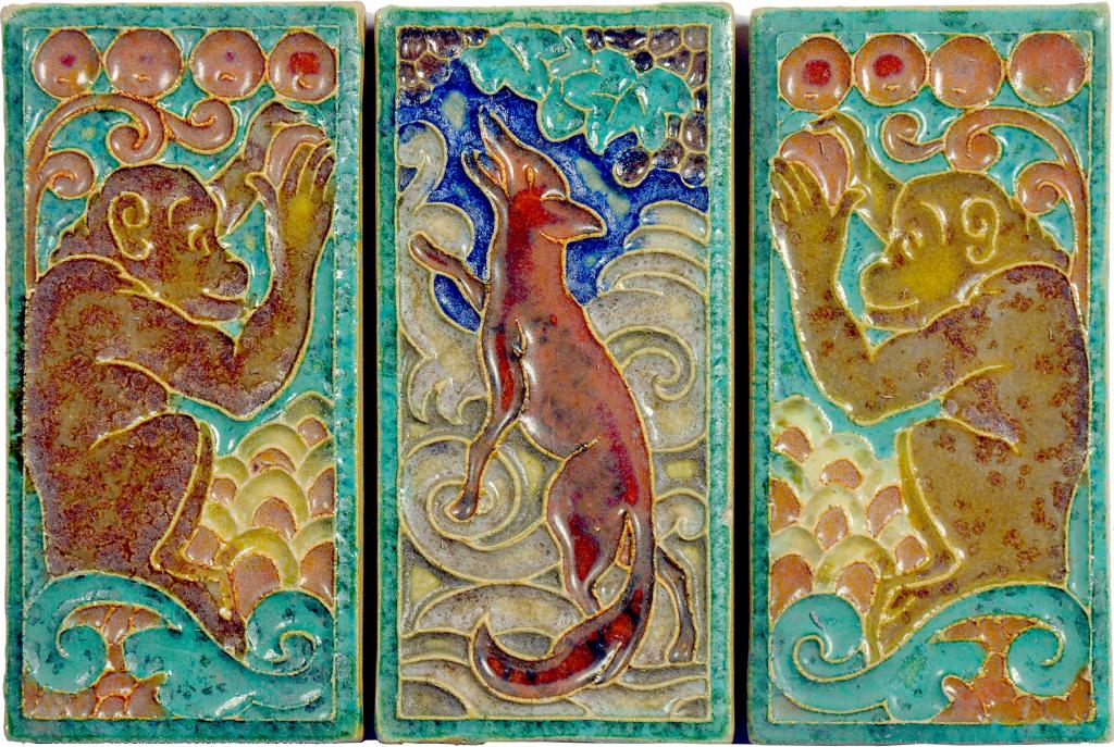 SEVENTY-EIGHT DUTCH FOUR X TWO INCH  INCH CLOISONNÉ MONKEY AND FOX TILES DESIGNED BY L E F BODART