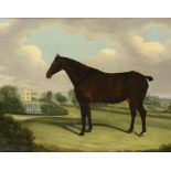 ENGLISH SCHOOL, EARLY 19TH C PORTRAIT OF A HORSE IN THE GROUNDS OF A COUNTRY HOUSE  indistinctly