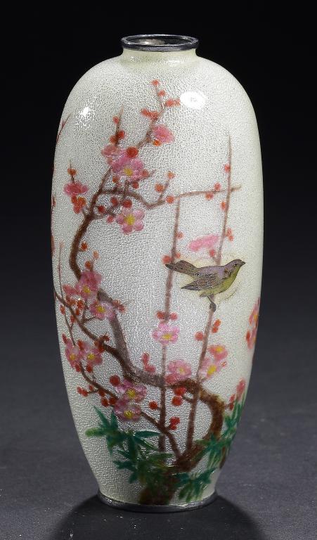 A JAPANESE GIN BARI GROUND CLOISONNÉ ENAMEL VASE, EARLY 20TH C  with a bird in a cherry tree, 12cm