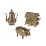 NEEDLEWORK TOOLS.  THREE GILT BRASS NOVELTY TAPE MEASURES, LATE 19TH C comprising a pig, coffee