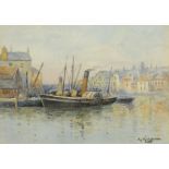 ADAM KNIGHT (1855-1931) THE QUAYSIDE; A PADDLE STEAMER a pair, both signed, watercolour, 11.5 x 16.