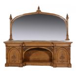 A VICTORIAN REFORMED GOTHIC OAK SIDEBOARD AND MIRROR BACK, c1870 230cm h; 74 x 244cm ++In fine