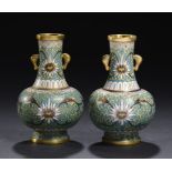 A PAIR OF CHINESE CLOISONNÉ ENAMEL TURQUOISE GROUND MINIATURE VASES, 20TH C  10cm h ++Fine quality