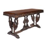 A FRENCH CARVED MAHOGANY HALL TABLE, LATE 19TH C  with marble inset top, on swan's head supports,