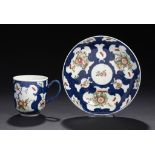 A WORCESTER SCALE BLUE GROUND KAKIEMON COFFEE CUP AND SAUCER, C1775  saucer 13cm diam, fretted