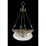 A ENGLISH GILT BRASS AND CUT GLASS EARLY ELECTRIC HANGING LIGHT, C1920   cast and applied with