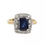 A SAPPHIRE AND DIAMOND CLUSTER RING  in gold marked 18ct, size I ++In very good second hand