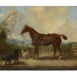 WILLIAM ROOS (1808-1878) PORTRAIT OF A HORSE AND TWO DOGS IN A HILLY LANDSCAPE  signed and dated