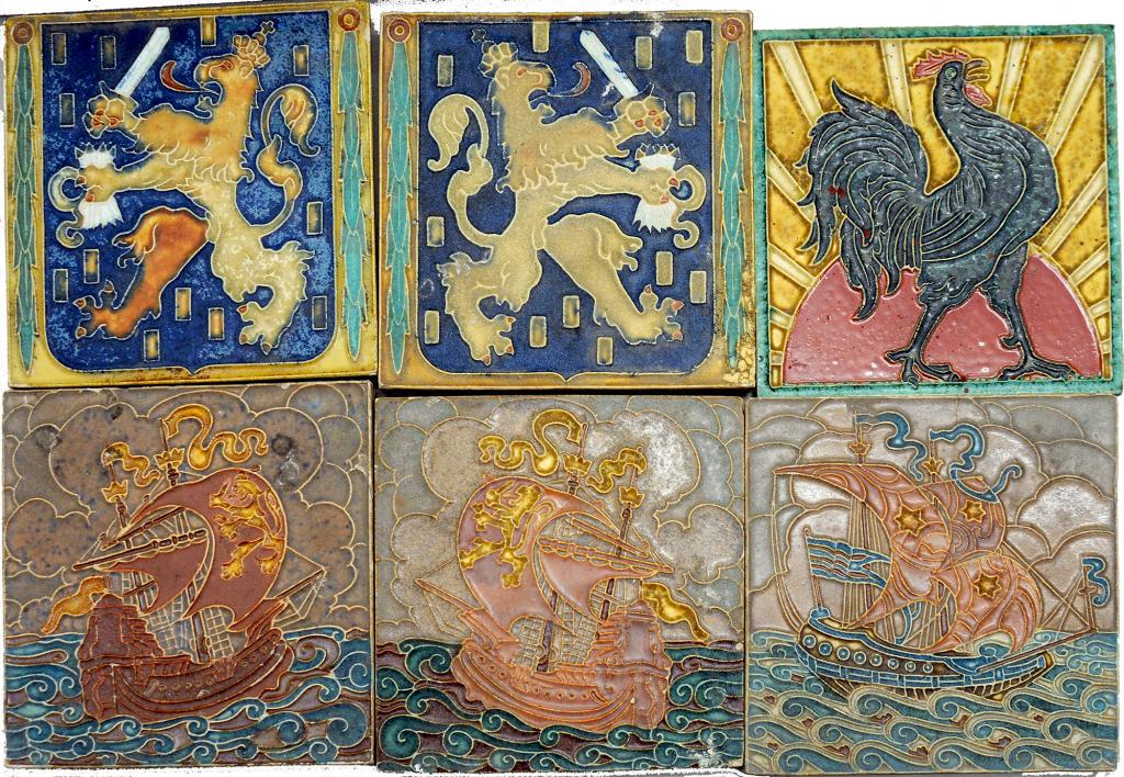 SIX DUTCH EIGHT AND QUARTER  INCH CLOISONNÉ TILES DESIGNED BY L E F BODART AND MANUFCURED BY FOR  DE