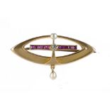 A DIAMOND, RUBY, CULTURED PEARL AND GOLD BROOCH, C1910  marked 15ct ++In fine condition