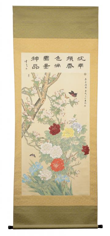 CHINESE SCHOOL PEONIES  watercolour on silk, with inscription and red seals, scroll painting,