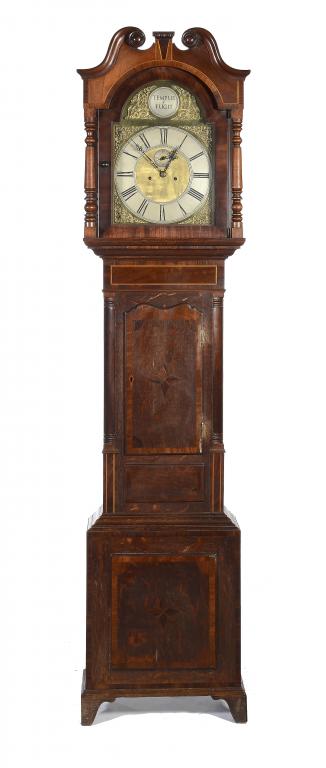 AN OAK AND INLAID EIGHT DAY LONGCASE CLOCK, 19TH C  with arched brass dial and dolphin spandrels,