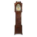 AN OAK AND INLAID EIGHT DAY LONGCASE CLOCK, 19TH C  with arched brass dial and dolphin spandrels,