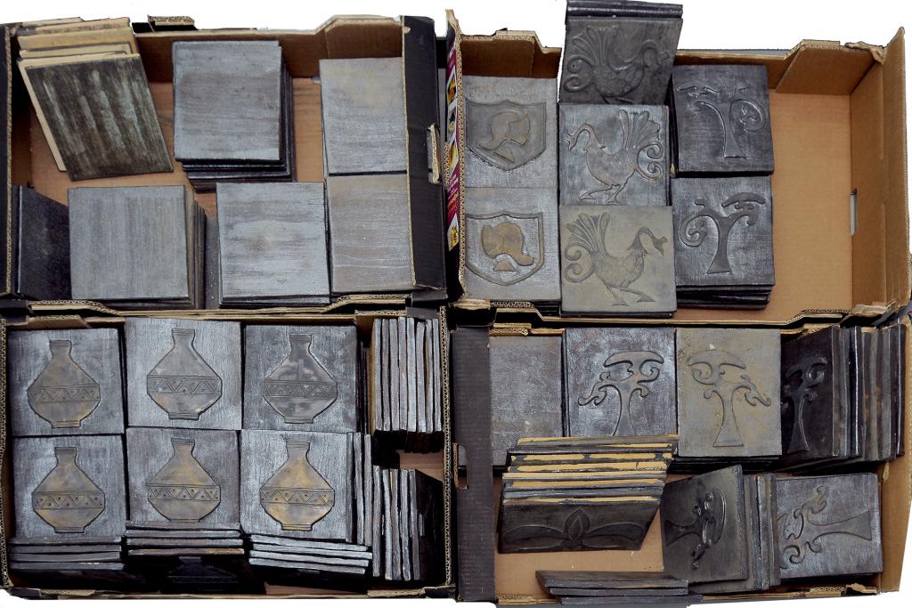 FIVE HUNDRED AND SIXTY EIGHT RELIEF MOULDED AND METALLIC OXIDE GLAZED TILES, VARIOUS SIZES,