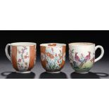 THREE WORCESTER COFFEE CUPS, C1770-75 enamelled with Chinese Birds or the Scarlet Japan pattern, 6.