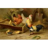 †EDGAR HUNT (1876-1953) POULTRY IN A FARMYARD  signed and dated 1909, oil on canvas, 30 x 45cm ++