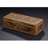 A CHINESE  SANDALWOOD GLOVE BOX, LATE 19TH C  the lid and all four sides carved with densely