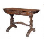 AN ANGLO INDIAN CARVED ROSEWOOD WRITING TABLE, BOMBAY, C1850  the rectangular top with deep