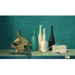 †PROFERIO GROSSI (1923-2000) STILL LIFE WITH SKULL BOTTLES AND CLAY PIPE  signed and dated 1960, oil