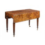 A VICTORIAN FIGURED WALNUT PEMBROKE TABLE, C1860  with brass castors, 74cm h; 105 x 114cm ++Some old