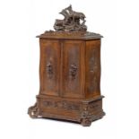 A SWISS LIMEWOOD JEWEL CABINET ATTRIBUTED TO ADOLF SCHMIDIGER OF BRIENZ, C1890 surmounted by a