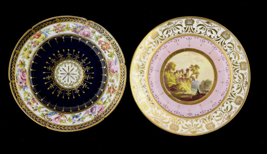 ENGLISH PORCELAIN PLATE, PROBABLY COALPORT AND OUTSIDE DECORATED, C1805-05  painted with an angler