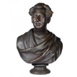 A VICTORIAN BRONZE PAINTED PLASTER BUST OF A MAN A L'ANTICA, 19TH C   on socle, 78cm h ++One or