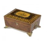 A REGENCY GRAINED ROSEWOOD AND PENWORK SEWING BOX, C1820-30  the lid applied with a hand coloured '