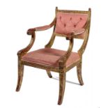 A REGENCY STYLE GILTWOOD ARMCHAIR, 20TH C  90cm h ++The antique gilding rubbed, pink upholstery