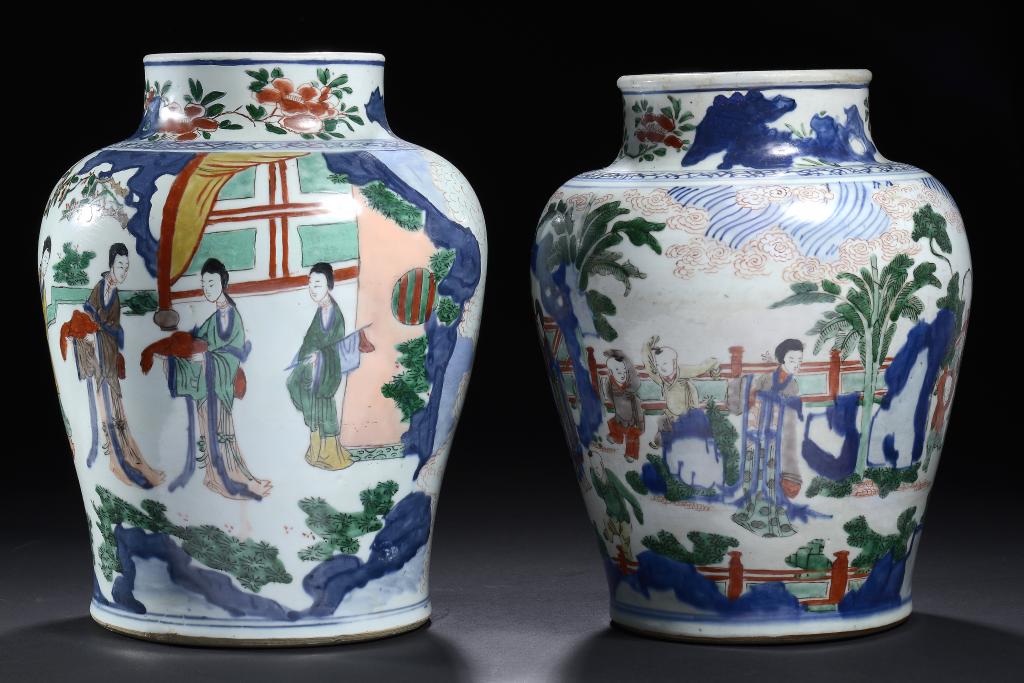 TWO CHINESE WUCAI JARS, SECOND HALF 17TH C 32 and 33cm h ++One with old restoration to neck, the