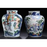 TWO CHINESE WUCAI JARS, SECOND HALF 17TH C 32 and 33cm h ++One with old restoration to neck, the