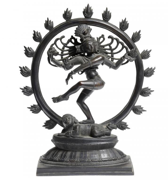A SOUTH INDIAN VOTIVE BRONZE STATUETTE OF NATARAJA THE LORD OF DANCE, C EARLY 20TH C  26cm h ++In