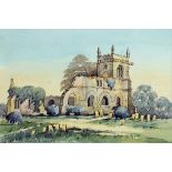 ROBERT E. WALLER - THE OLD CHURCH COLSTON BASSETT, SIGNED, PEN, INK AND WATERCOLOUR