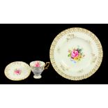 A ROYAL CROWN DERBY FLUTED GILT FLORAL PLATE AND A ROYAL CROWN DERBY FLORAL VINE PEDESTAL CUP AND