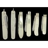 SIX VARIOUS SILVER FRUIT AND PEN KNIVES, MOTHER OF PEARL OR SILVER SCALES, VARIOUS MAKERS AND DATES,