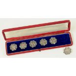 A SET OF SIX VICTORIAN PIERCED SILVER BUTTONS, LONDON 1899, SCARLET MOROCCO CASE