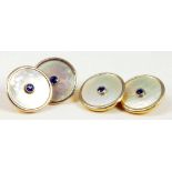 A PAIR OF GOLD, PLATINUM, SAPPHIRE AND MOTHER OF PEARL CUFFLINKS, MARKED 18CT & PLAT, 7.3G GROSS