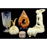 A 20TH CENTURY ALABASTER SCULPTURE OF TEAR SHAPE, A VICTORIAN PARIAN WARE FIGURE OF A BATHER, A