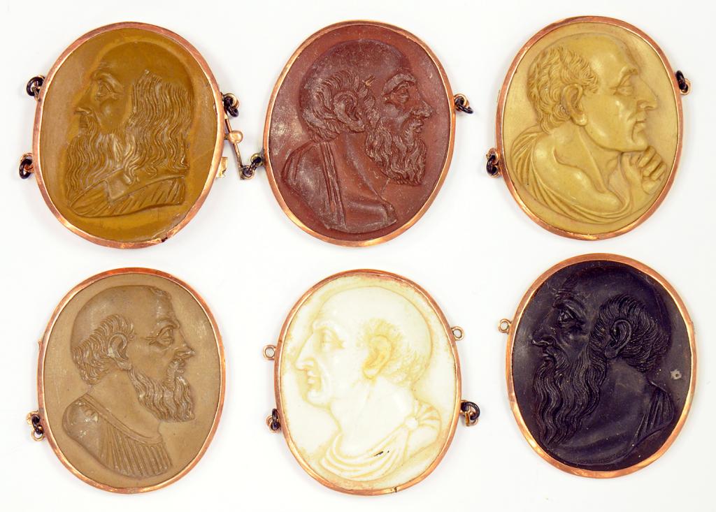 SIX SIMILAR 19TH CENTURY LAVA CAMEOS CARVED WITH THE HEADS OF PHILOSOPHERS, MOUNTED IN GOLD, 19TH